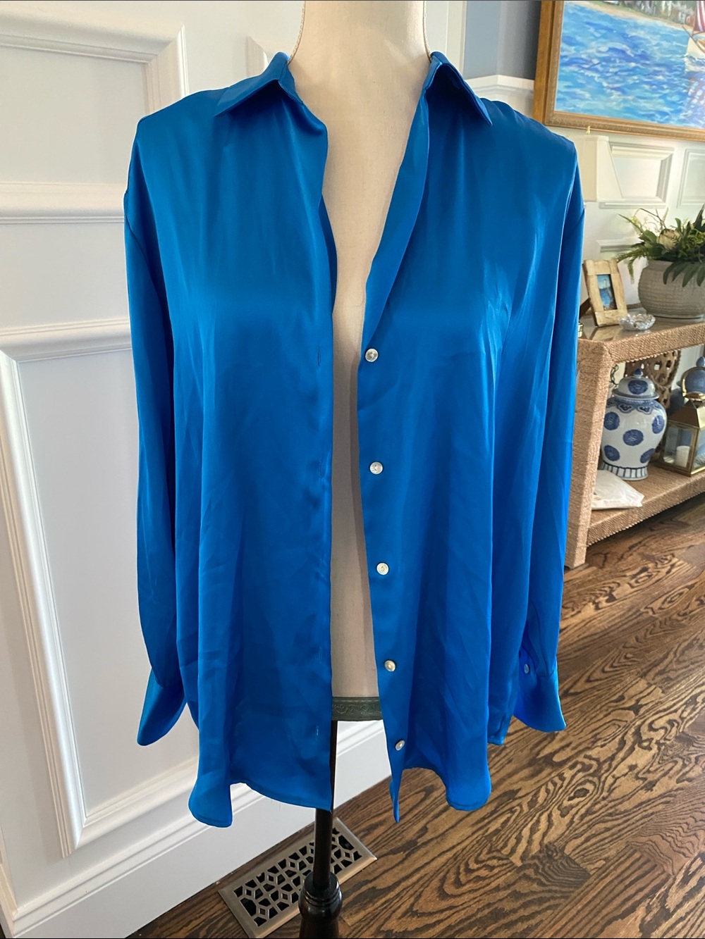 Zara Vibrant Blue Satin Button-Down Shirt